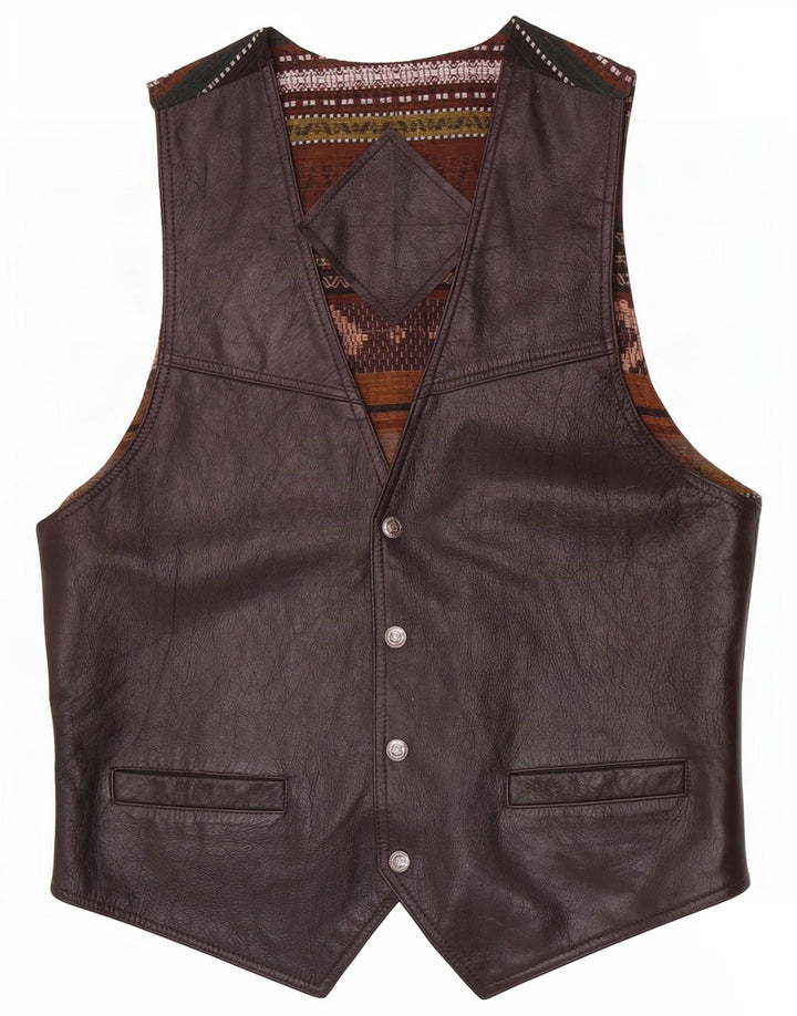 Vintage Mens Leather Waistcoat Medium Brown Geometric
