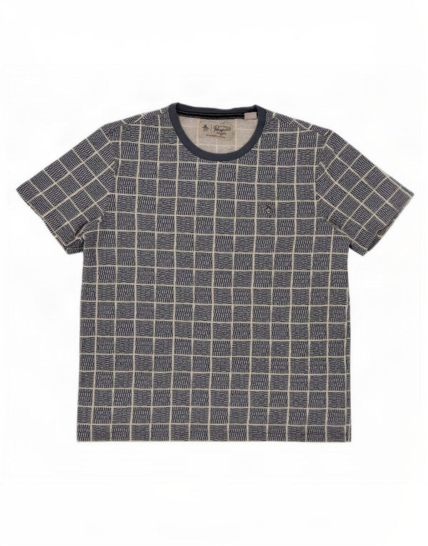 Penguin Mens Short Sleeve Graphic T-Shirt Top Large Blue Check Cotton