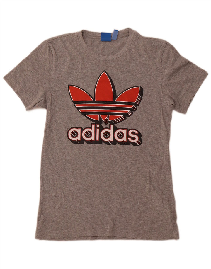 ADIDAS Womens Graphic T-Shirt Top UK 10 Small Grey Flecked Cotton