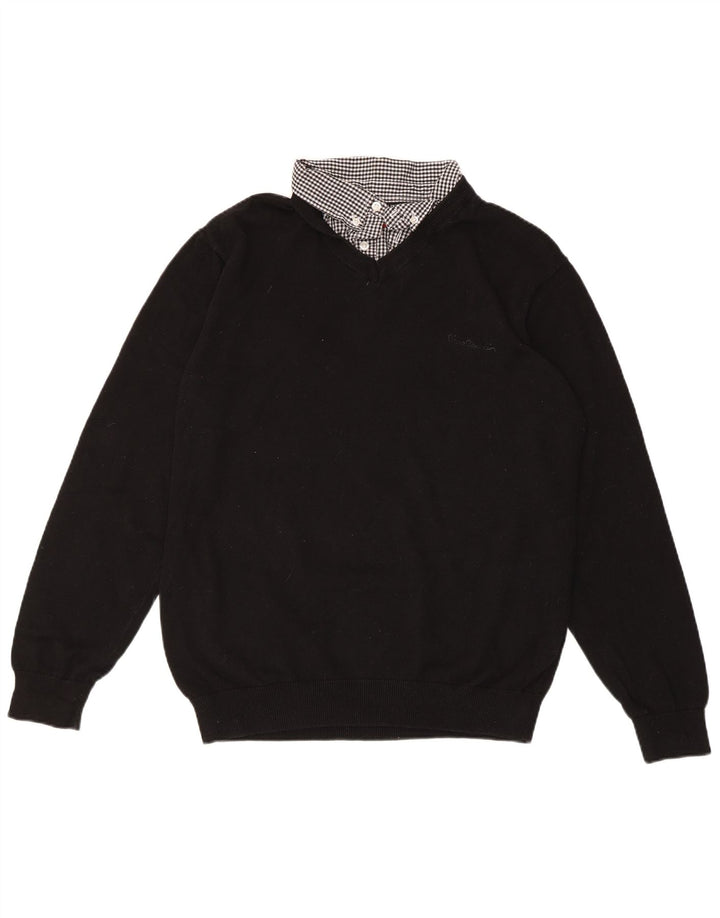 PIERRE CARDIN Womens V-Neck Jumper Sweater UK 18 XL Black Check Cotton