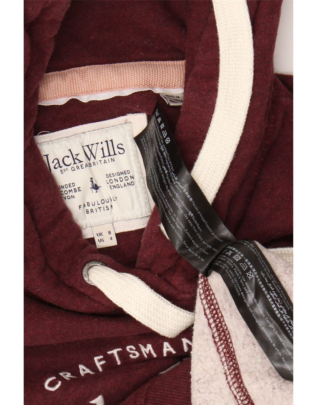 Jack Wills Womens Graphic Hoodie Jumper UK 8 Small Burgundy Cotton