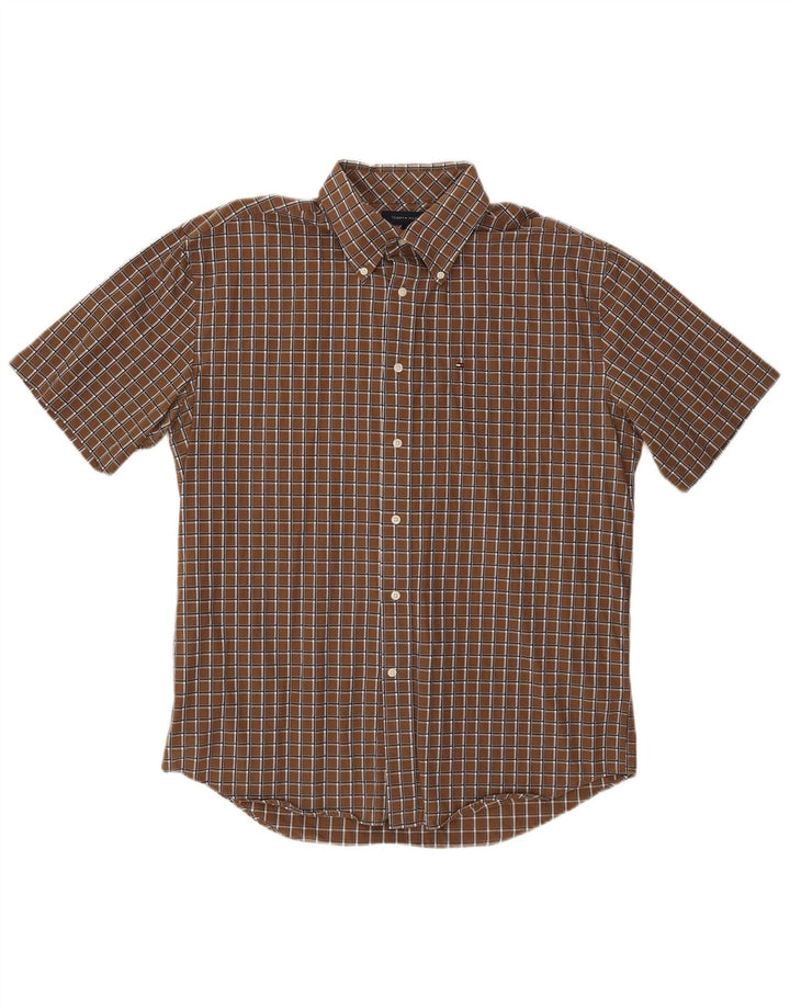 TOMMY HILFIGER Mens Short Sleeve Shirt Large Brown Check Cotton