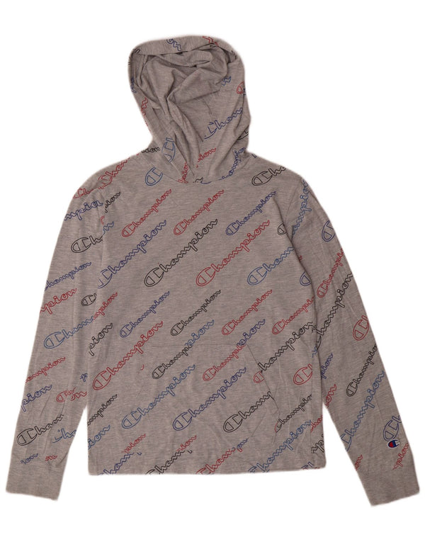 CHAMPION Girls Hooded Graphic Top Long Sleeve 13-14 Years XL Grey Cotton