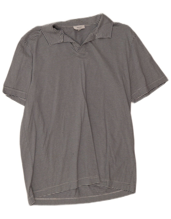 Reiss Womens Polo Shirt UK 14 Large Navy Blue Pinstripe Cotton