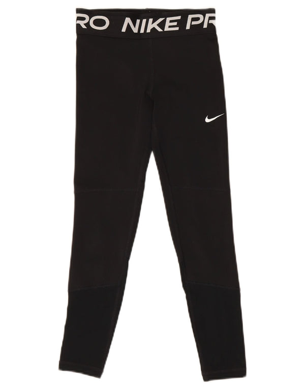 Nike Girls Dri Fit Graphic Leggings 9-10 Years Small Black Polyester