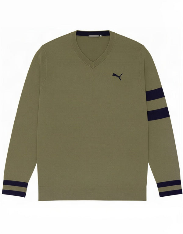Puma Mens V-Neck Jumper Sweater Medium Green Colourblock