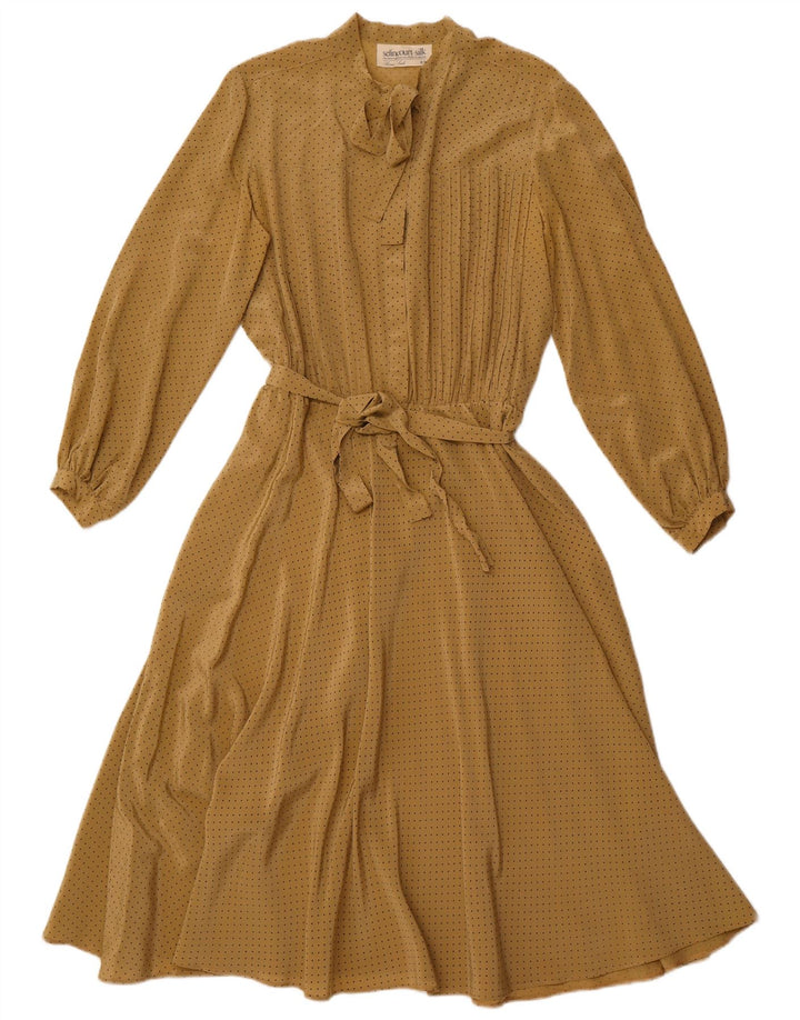 VINTAGE Womens Front Tie Long Sleeve Maxi Dress EU 44 XL Brown Spotted
