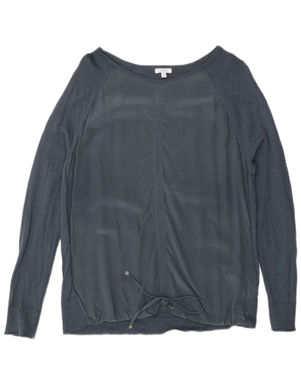 Jigsaw Womens Front Tie Top Long Sleeve UK 16 Large Navy Blue Silk