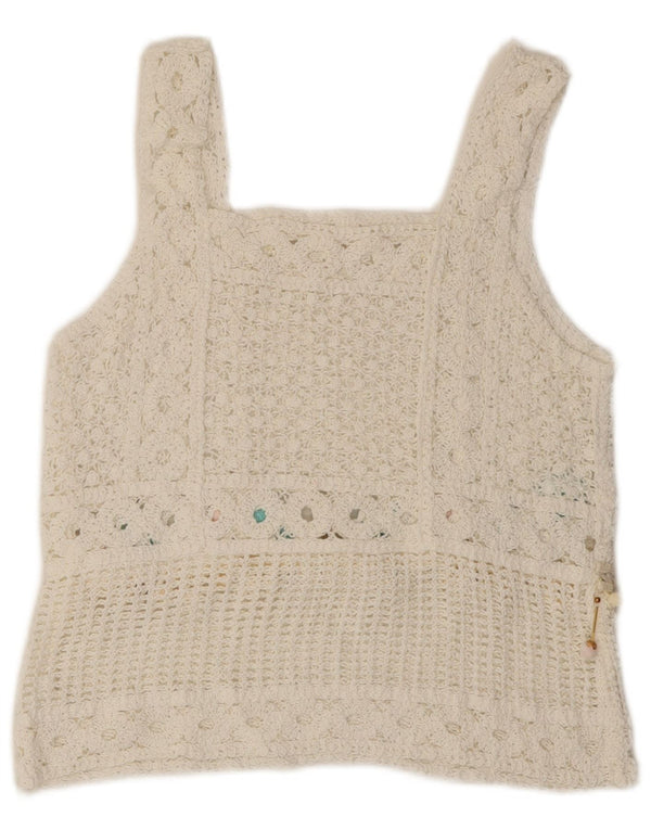 VINTAGE Womens Crop Crochet Vest Tank Top UK 10 Small White Cotton