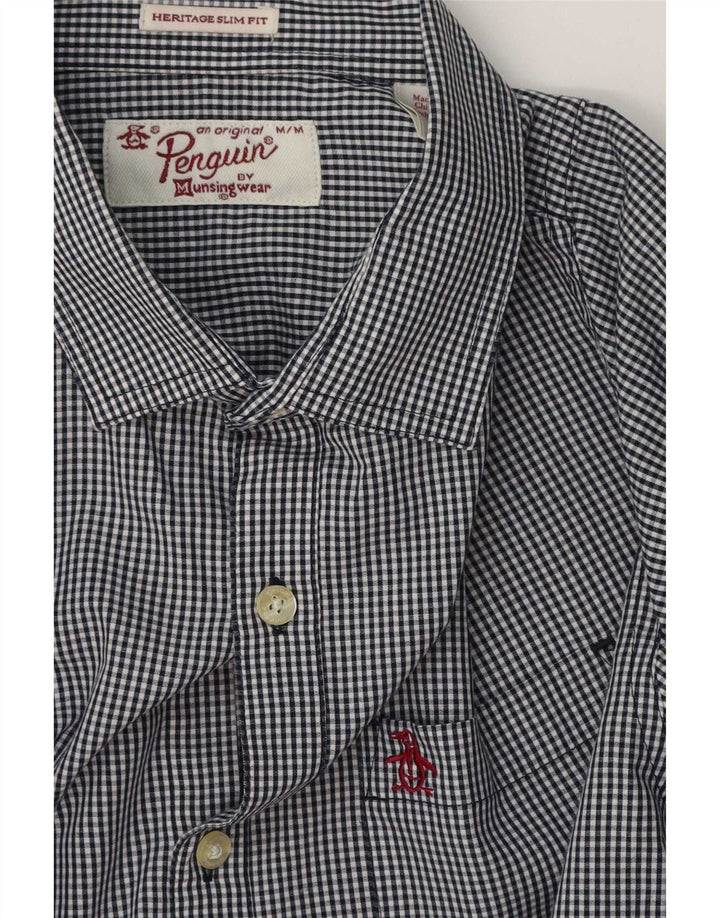 Penguin Mens Heritage Slim Fit Shirt Medium Navy Blue Gingham Cotton