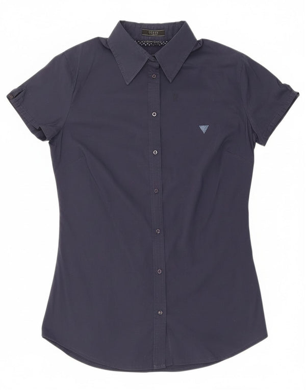 Guess Womens Short Sleeve Shirt UK 8 Small  Navy Blue Cotton