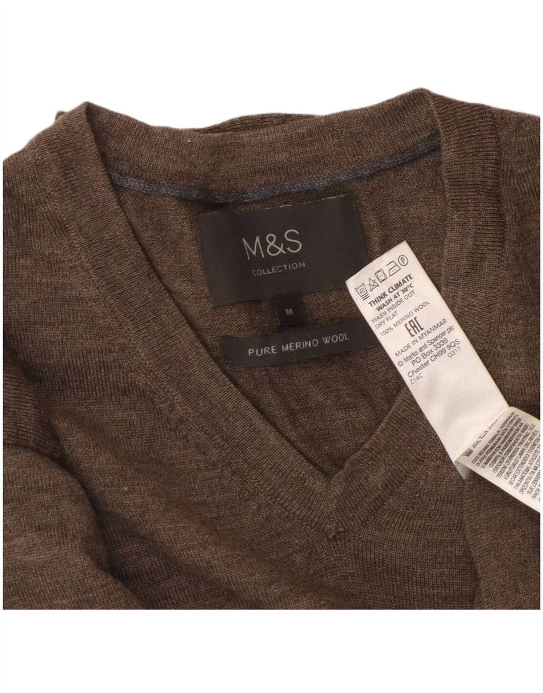 MARKS & SPENCER Mens V-Neck Jumper Sweater Medium Brown Merino Wool