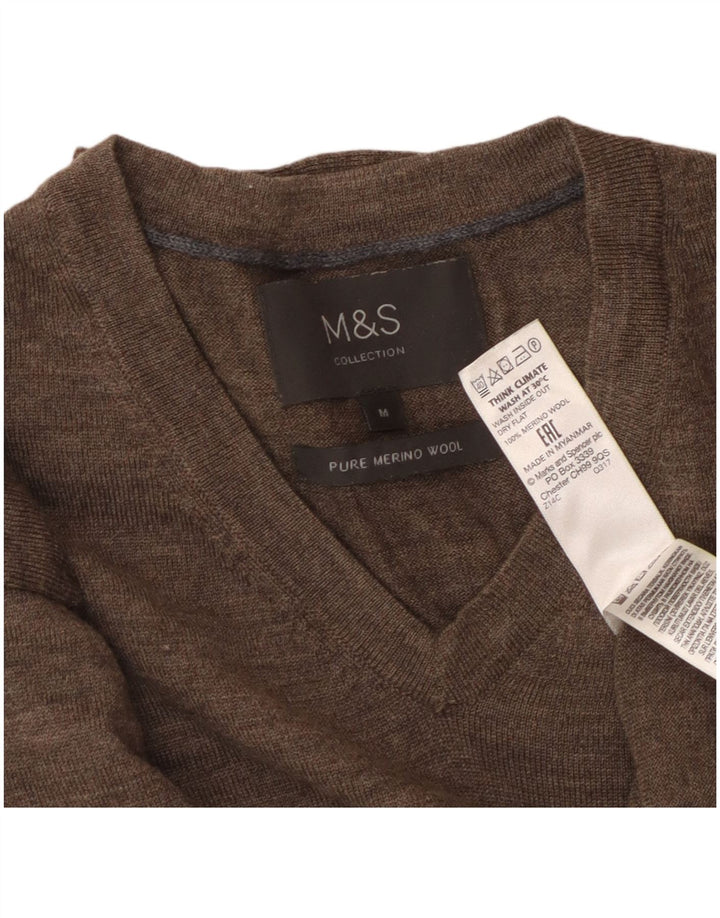 MARKS & SPENCER Mens V-Neck Jumper Sweater Medium Brown Merino Wool