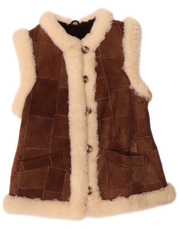 VINTAGE Womens Shearling Gilet EU 36 Small Brown Patchwork Leather