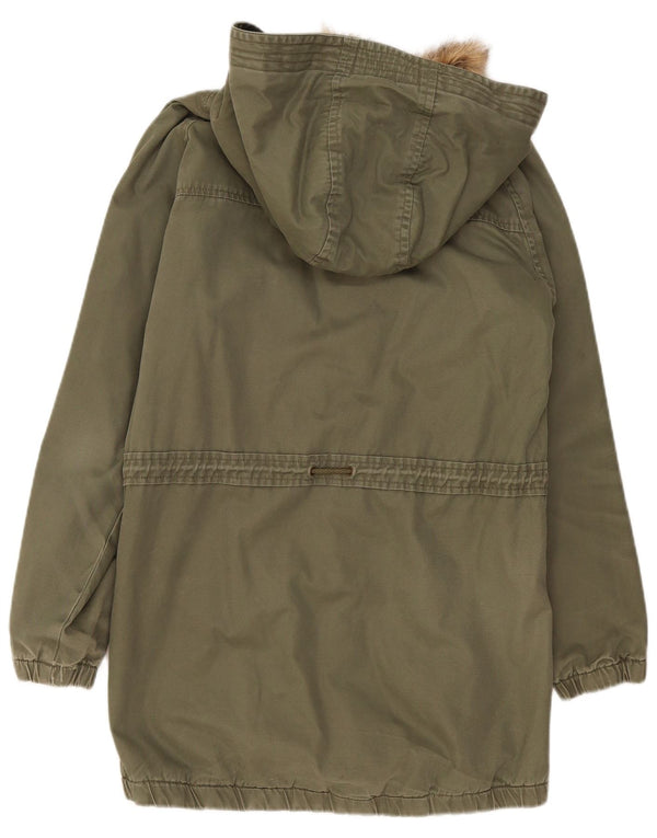 Animal Womens Hooded Parka Jacket UK 14 Large Khaki Cotton