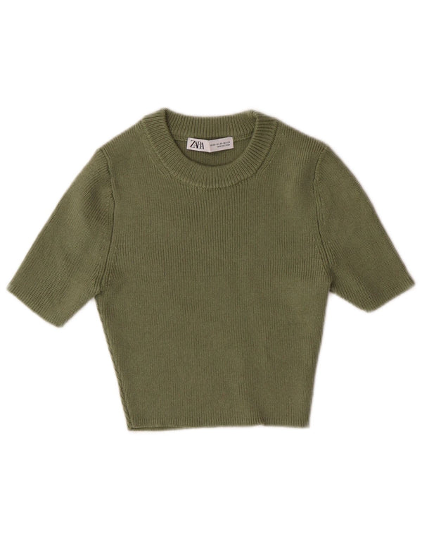 Zara Womens Crop Short Sleeve Crew Neck Jumper Sweater UK 4 XS Green