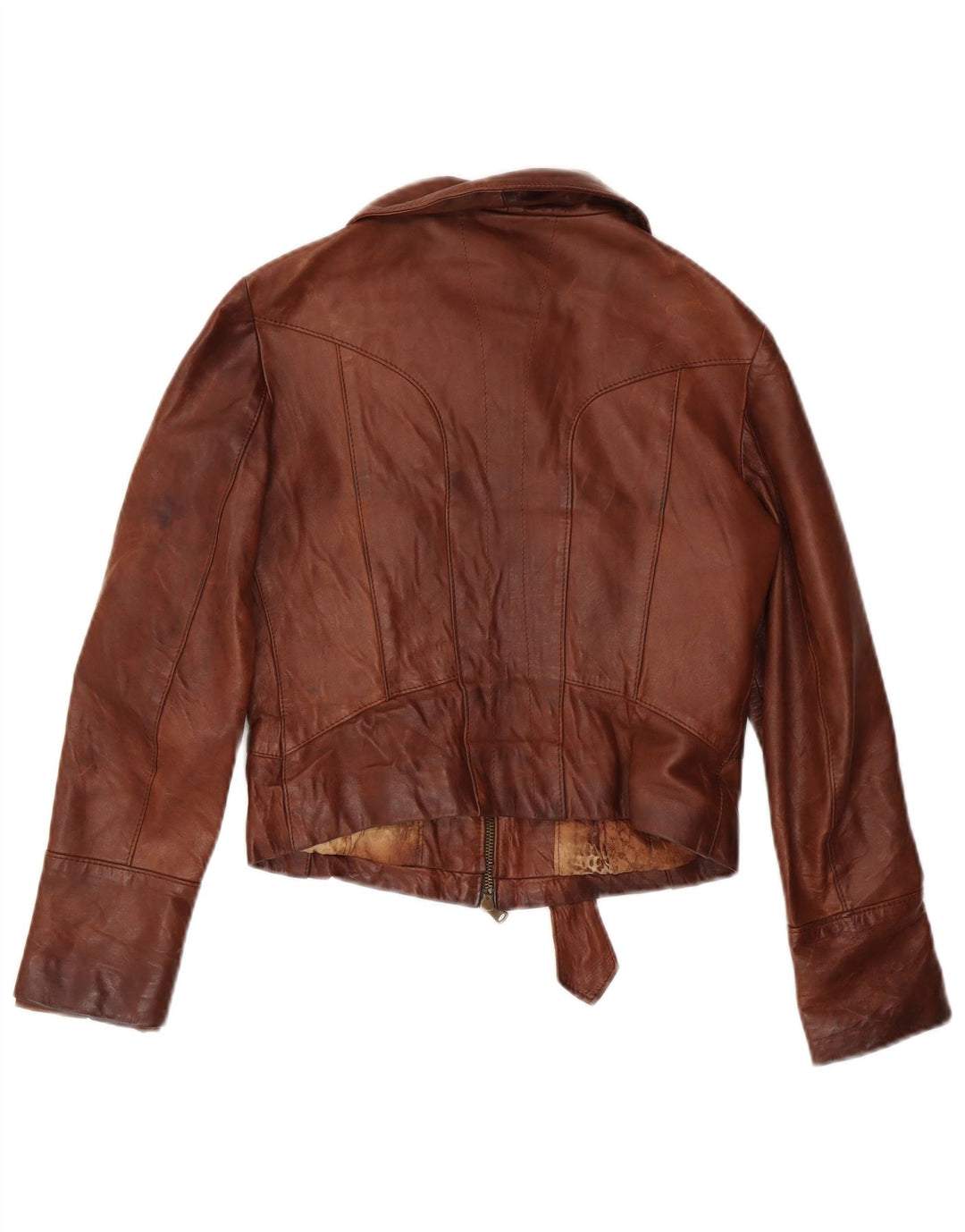CAPITAL Womens Crop Leather Jacket UK 10 Small Brown Leather