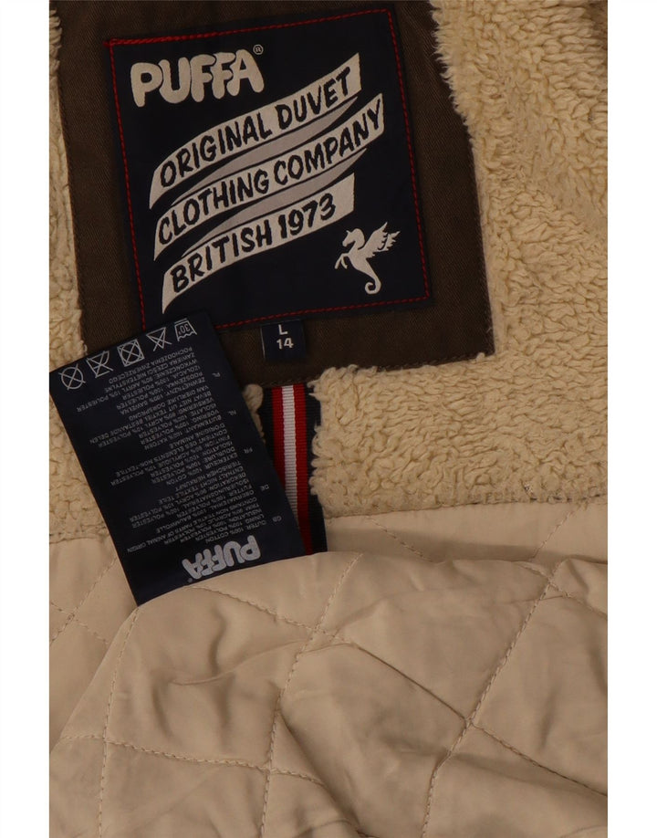 Puffa Womens Hooded Parka Jacket UK 14 Large Brown Cotton