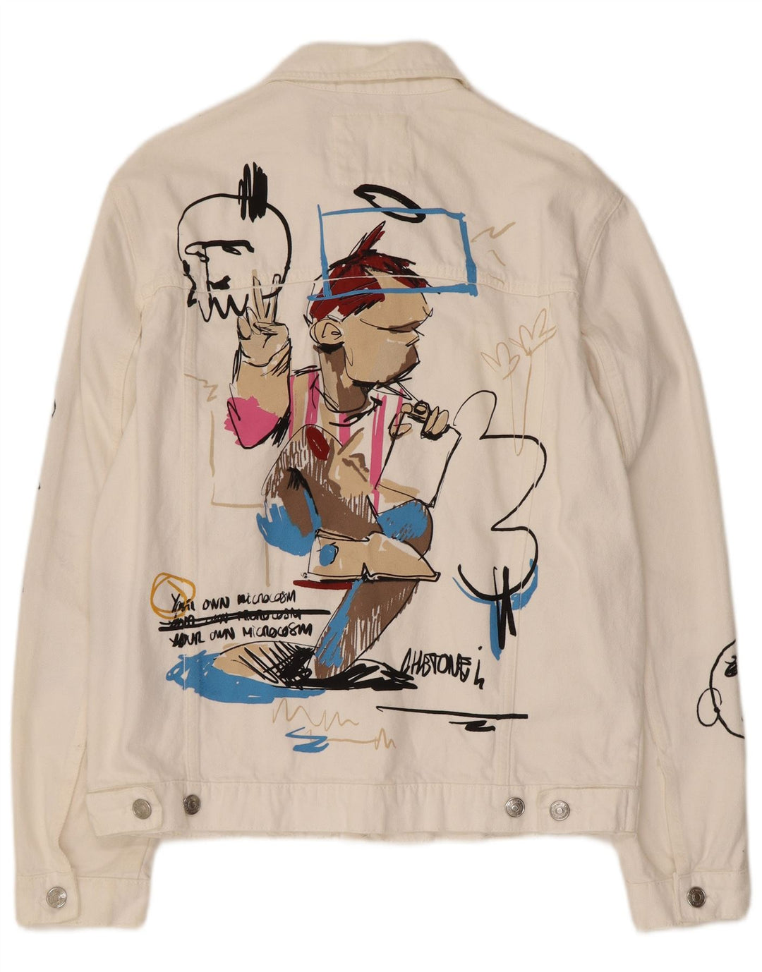 Zara Mens Graphic Denim Jacket UK 40 Large White Cotton