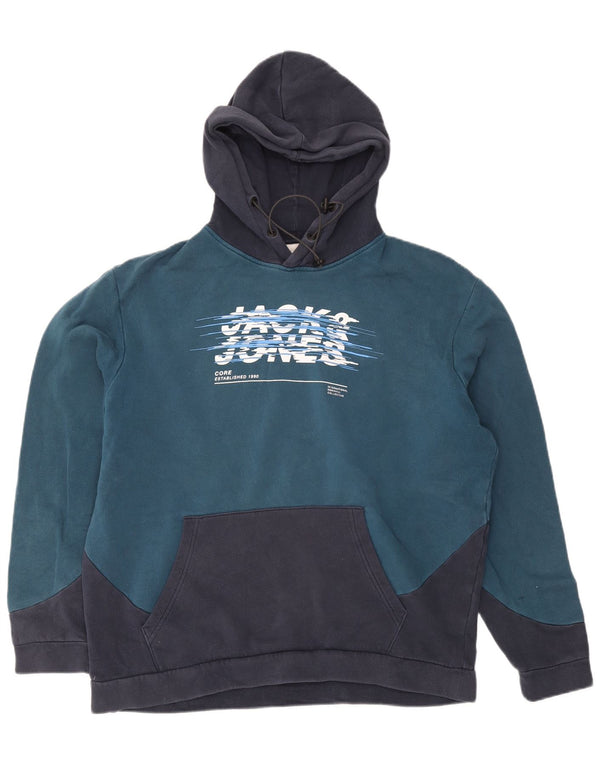 Jack & Jones Mens Graphic Hoodie Jumper 2XL Navy Blue Colourblock Cotton