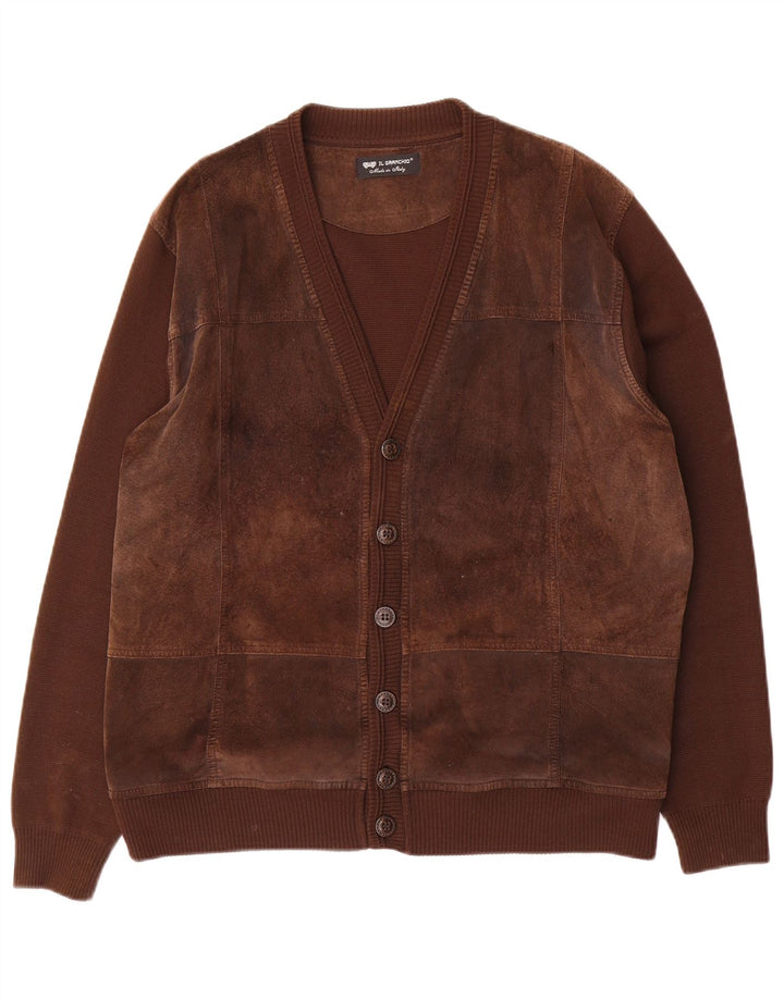 Il Granchio Mens Suede Cardigan Sweater Large Brown Wool