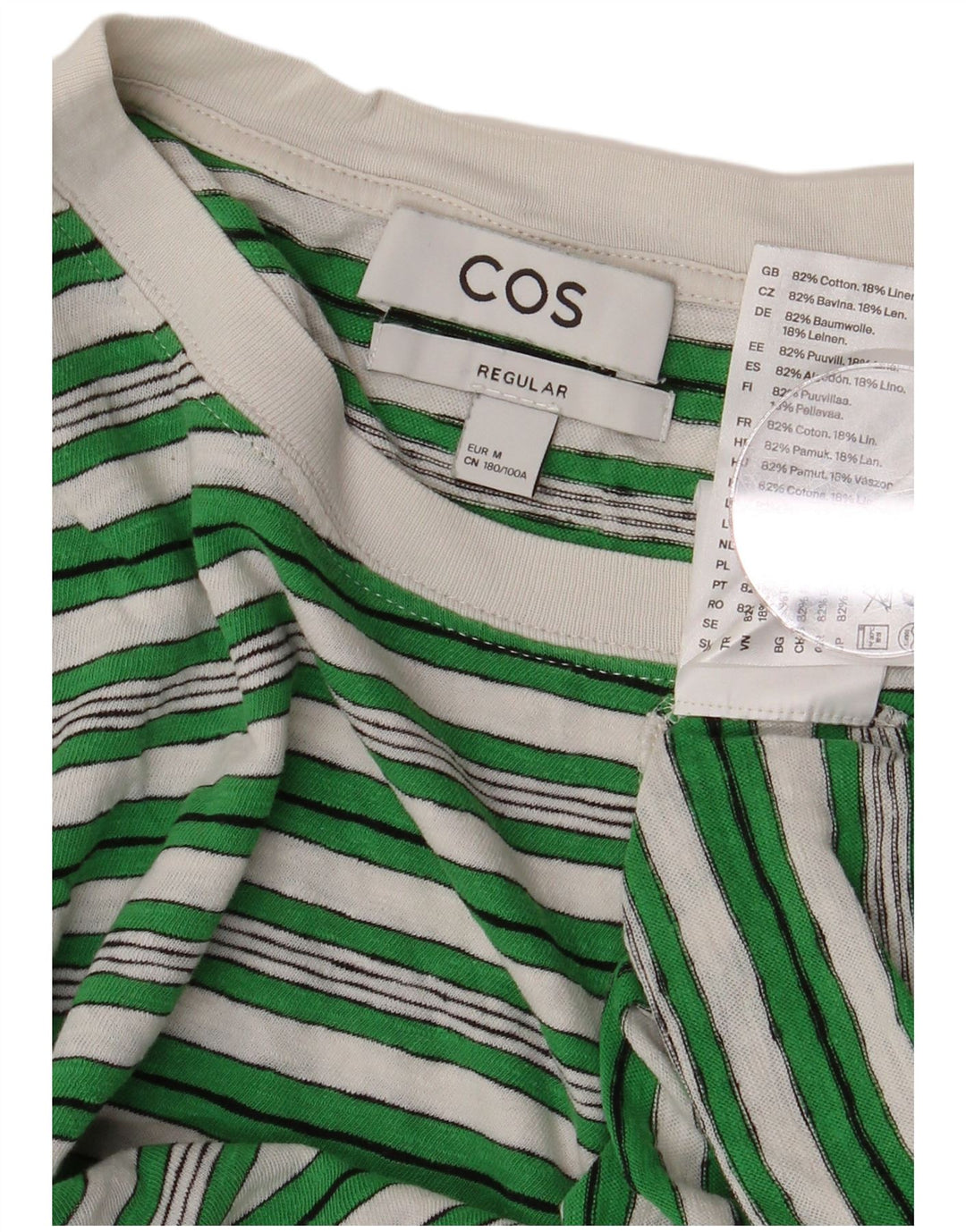 Cos Mens Regular Fit T-Shirt Top Medium Green Striped Cotton