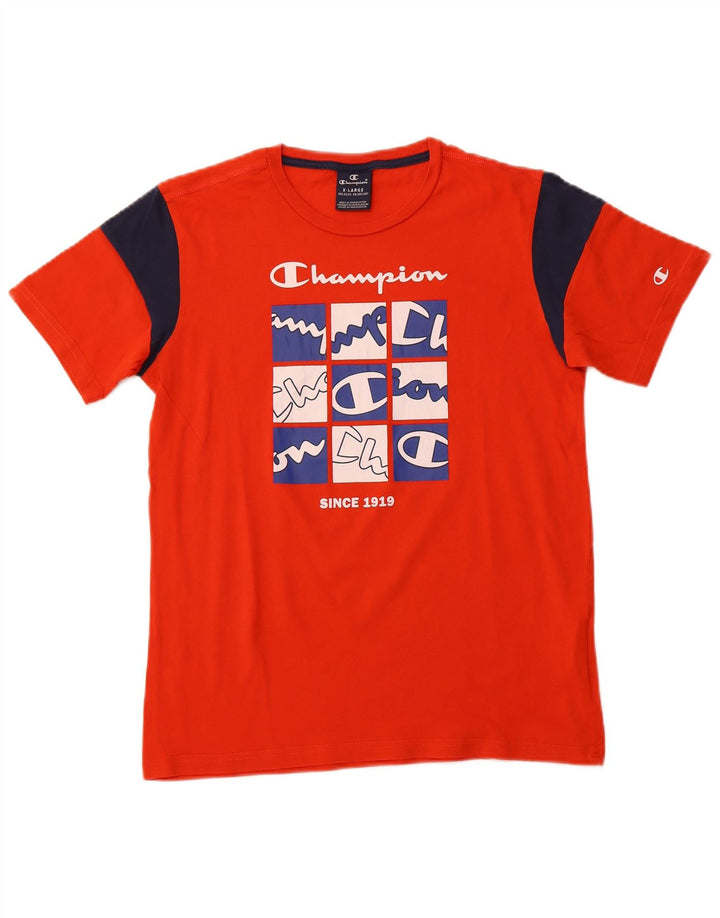 CHAMPION Boys Graphic T-Shirt Top 13-14 Years XL Orange Colourblock Cotton