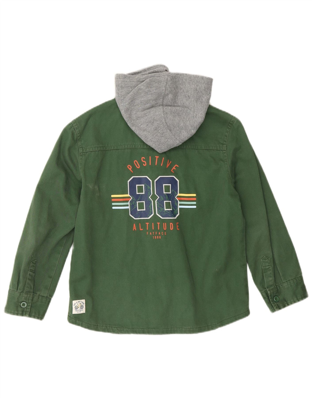 FAT FACE Boys Hooded Lumberjack Denim Shirt 7-8 Years Green Colourblock