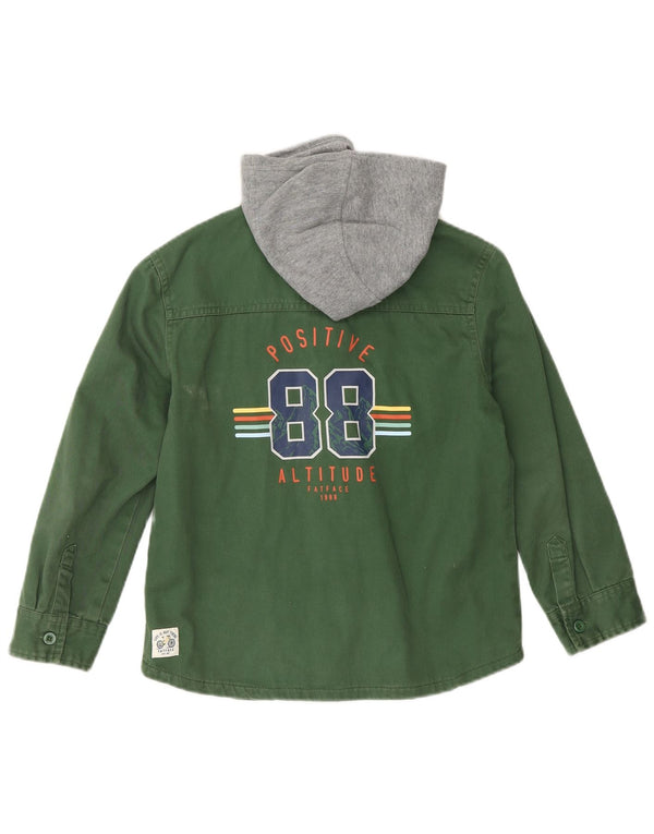 FAT FACE Boys Hooded Lumberjack Denim Shirt 7-8 Years Green Colourblock
