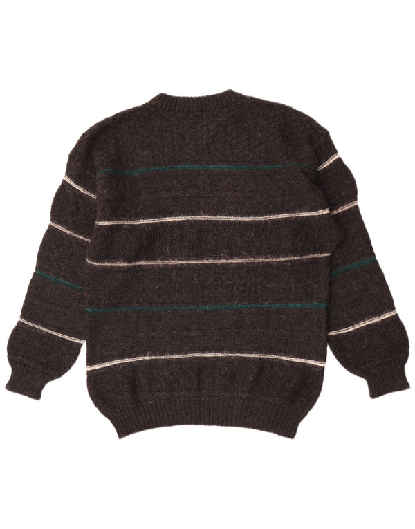 Vintage Mens Crew Neck Jumper Sweater Medium Grey Striped Wool