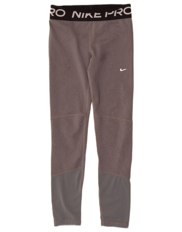 Nike Girls Dri Fit Graphic Leggings 12-13 Years Large Grey Colourblock