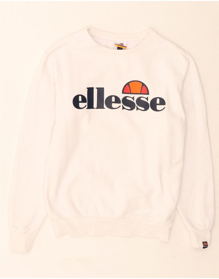 ELLESSE Womens Graphic Oversized Sweatshirt Jumper UK 8 Small White Cotton Vintage Ellesse and Second-Hand Ellesse from Messina Hembry 