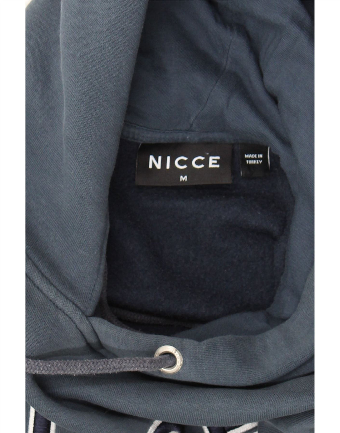 NICCE Mens Graphic Hoodie Jumper Medium Navy Blue Cotton Vintage Nicce and Second-Hand Nicce from Messina Hembry 