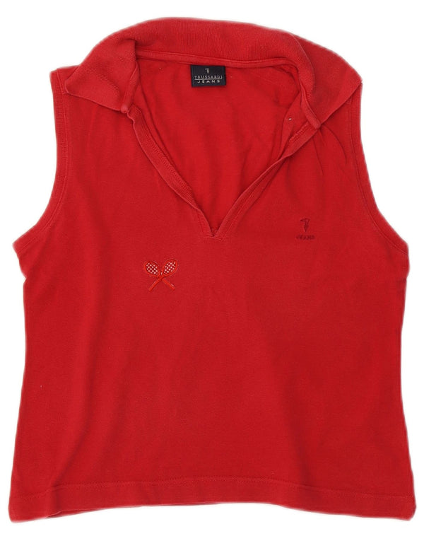 Trussardi Jeans Womens Sleeveless Crop Polo Shirt UK 10 Small Red Cotton