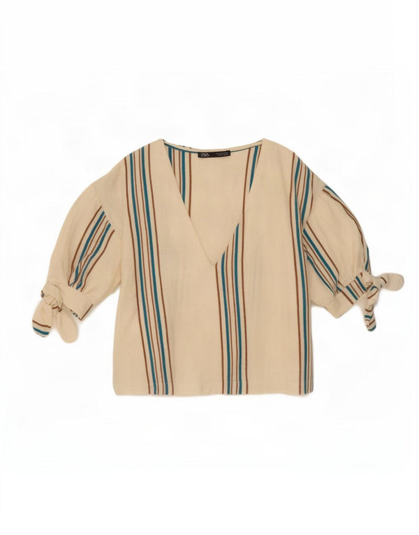 Zara Womens Crop Blouse Top UK 10 Small White Striped Cotton