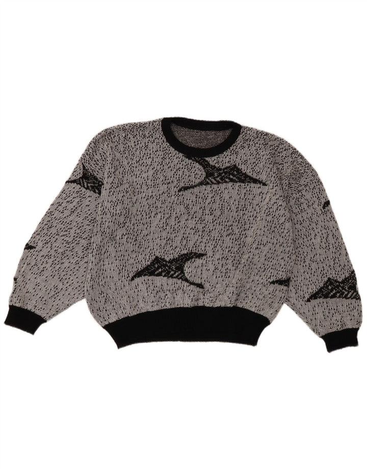 Vintage Womens Crop Abstract Pattern Crew Neck Jumper Sweater UK 18 XL Grey