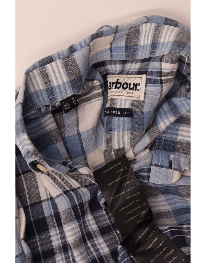 BARBOUR Mens Tailored Fit Shirt Medium Blue Check Linen