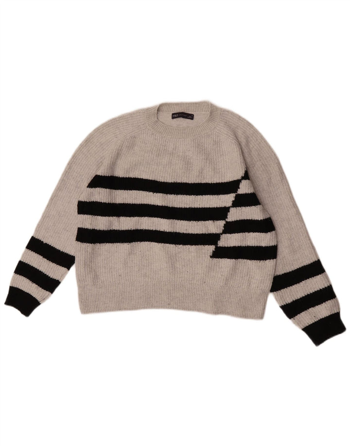 Marks & Spencer Womens Crew Neck Jumper Sweater UK 14 Medium Grey Striped
