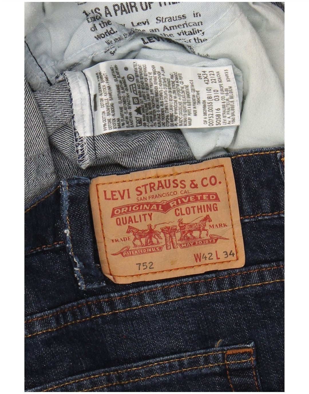 LEVI'S Mens 752 Straight Jeans W42 L28 Navy Blue Cotton