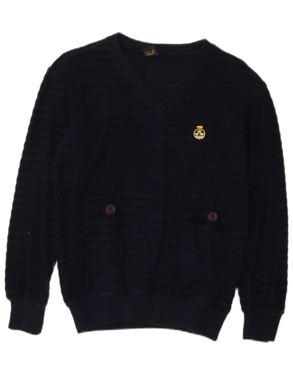 Pooh Womens Crop V-Neck Jumper Sweater US 10 Large Navy Blue Striped Cotton