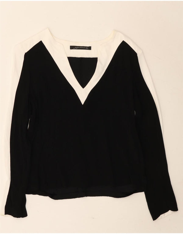 Zara Womens Top Long Sleeve UK 14 Medium Black Colourblock Viscose
