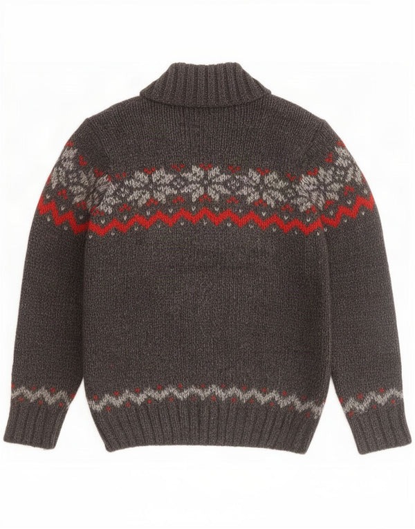 North Pole Mens Shawl Neck Jumper Sweater Large Grey Fair Isle Alpaca Wool