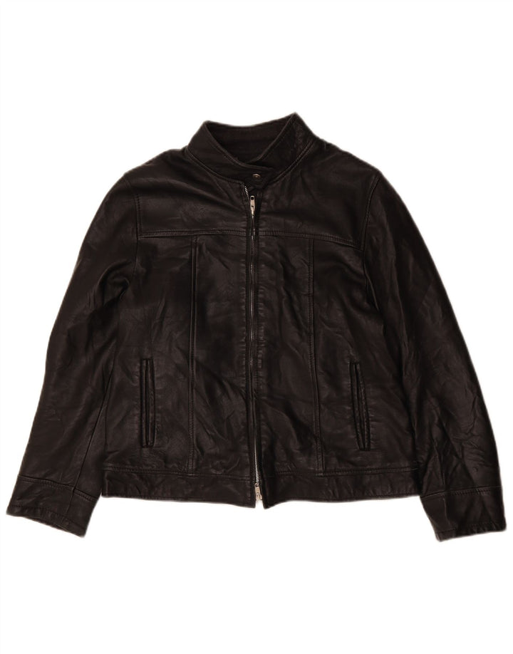 VINTAGE Womens Loose Fit Leather Jacket UK 6 XS Black Leather