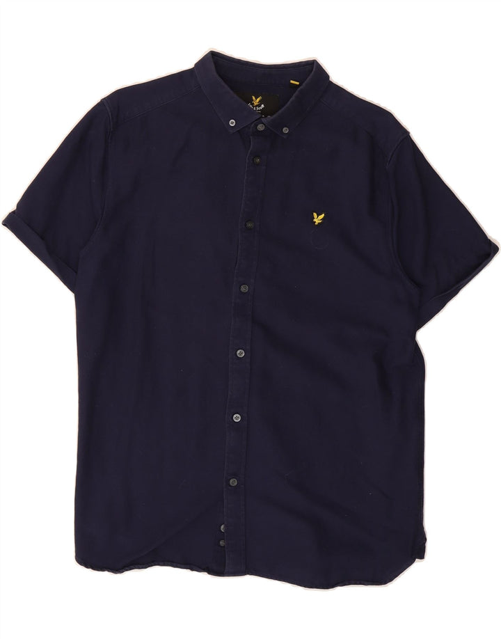 LYLE & SCOTT Mens Short Sleeve Shirt Large Navy Blue Cotton Vintage Lyle & Scott and Second-Hand Lyle & Scott from Messina Hembry 