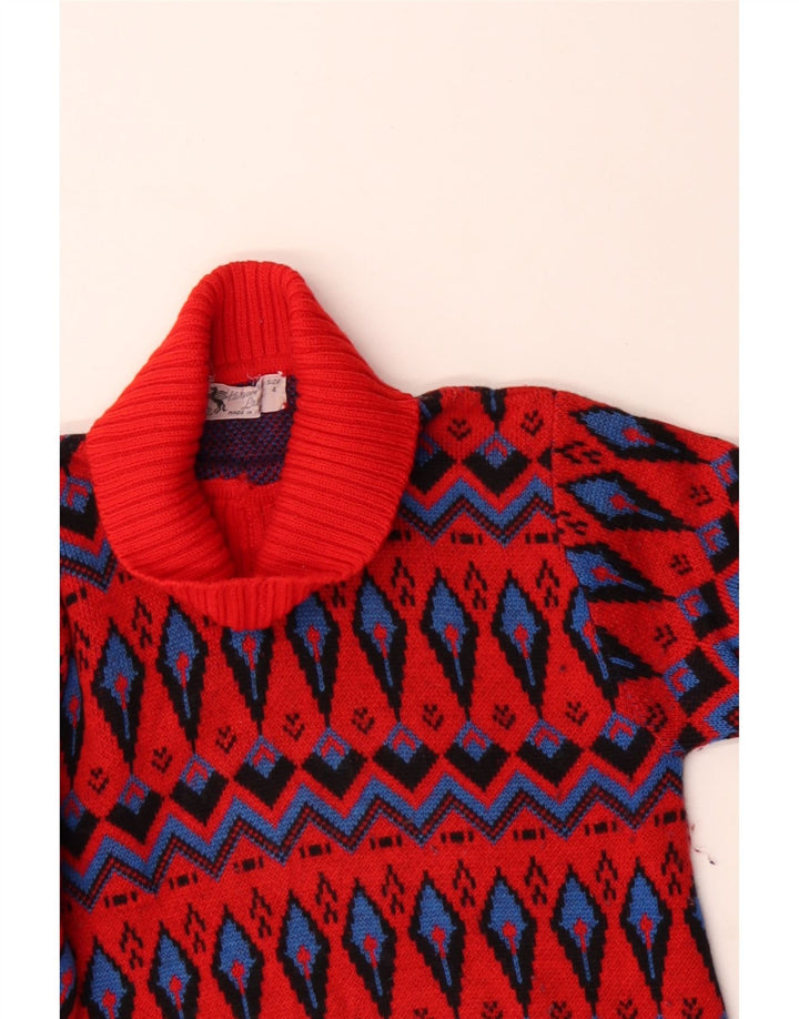 Vintage Womens Roll Neck Jumper Sweater Size 4 Small Red Fair Isle Wool