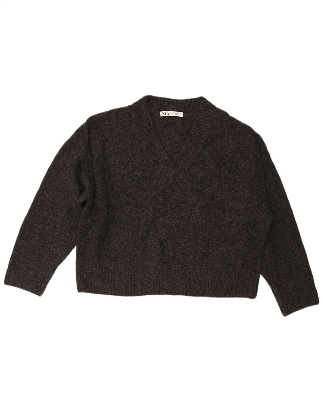 ZARA Womens Oversized Crop V-Neck Jumper Sweater UK 10 Small Grey