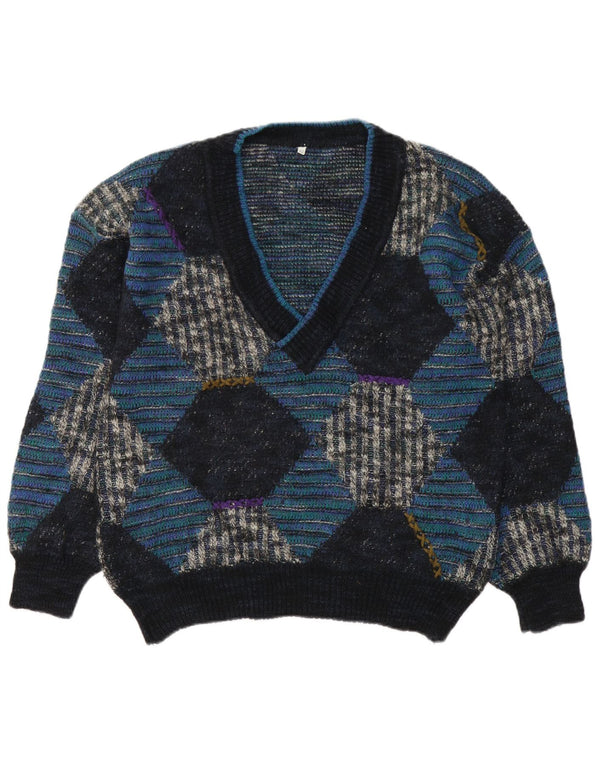 Vintage Mens V-Neck Jumper Sweater IT 48 Medium Blue Argyle/Diamond Wool