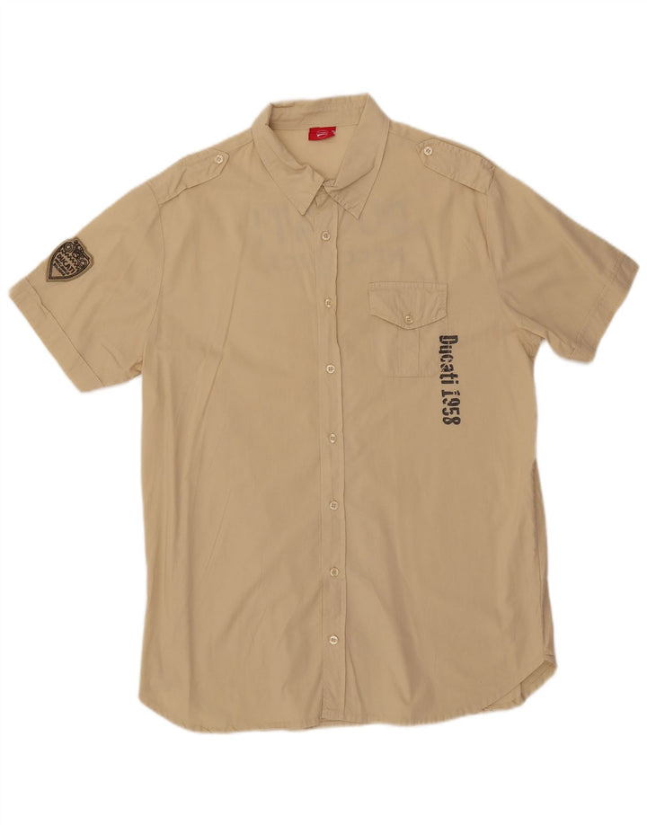 DUCATI Mens Graphic Short Sleeve Shirt Large Beige Cotton
