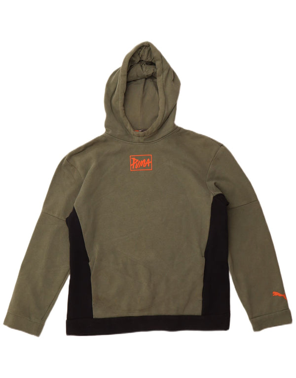 Puma Boys Hoodie Jumper 15-16 Years Khaki Colourblock Cotton