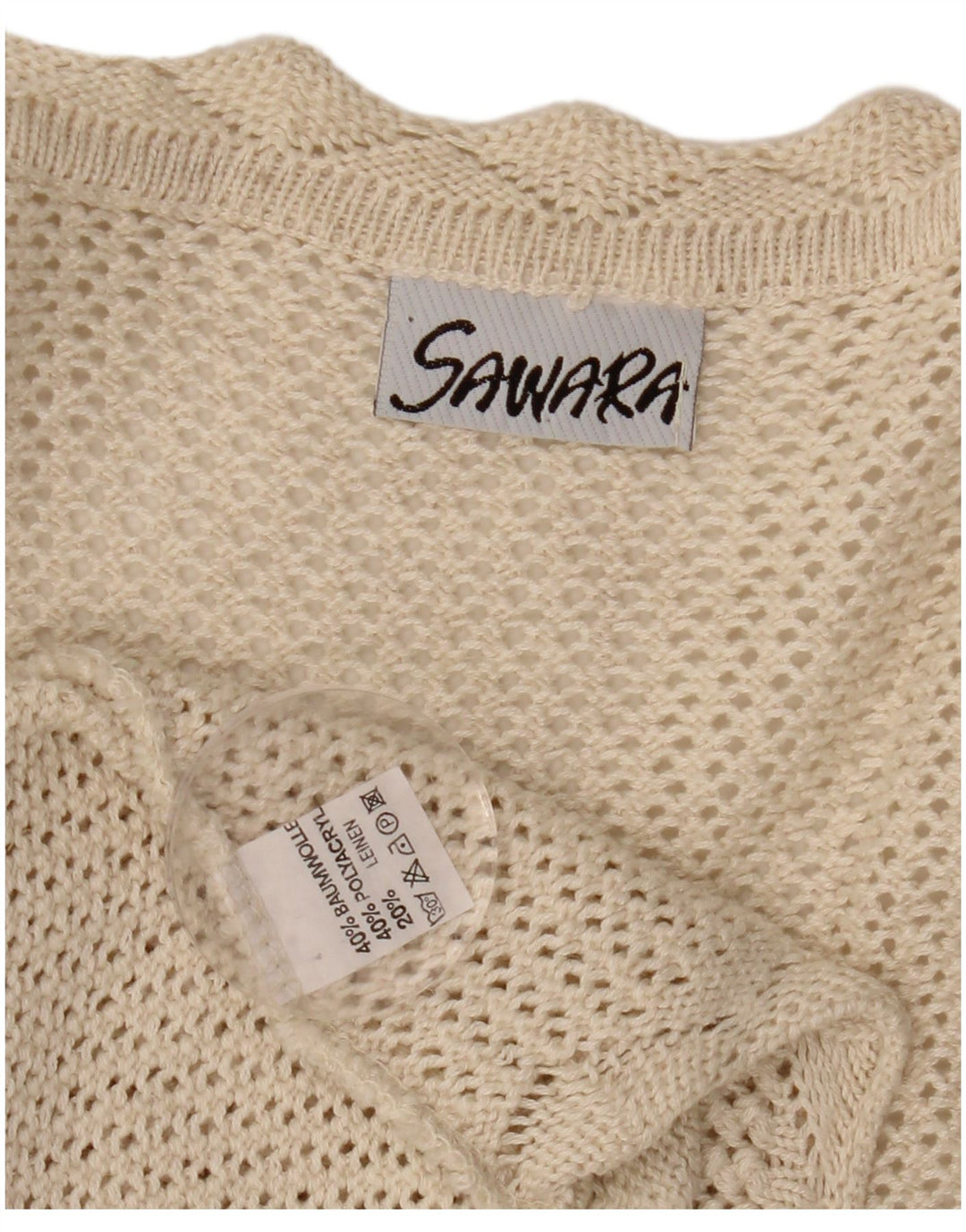 VINTAGE Womens Crop Sleeveless Crochet Cardigan Sweater UK 14 Large Beige